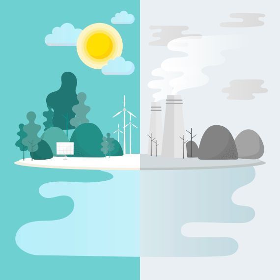 ciudad dividida, la mitad con renovables la otra mitad emitiendo gases de efecto invernadero y contaminación
